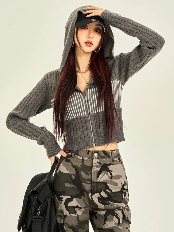 Destinee Long Sleeve Wool Ribbed Zip Up Hooded Sweater Neon Metallic Matte