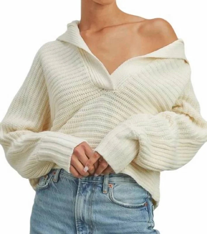 Drama Collar V-Neck Sweater In Cream Terry Blend Velvet Blend Canvas Blend