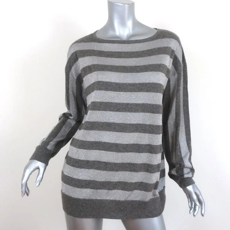 Dries Van Noten Sweater Silver/Gray Metallic Striped Knit Pullover Size Medium Chenille Brocade Lace