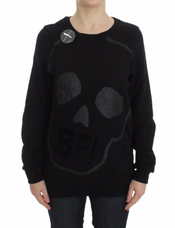 Exte Chic Skull Motif Crew-Neck Cotton Sweater Houndstooth Herringbone Solid