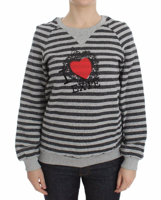 Exte Chic Gray Striped Crew-Neck Sweater Spandex Blend Rayon Blend Denim Blend