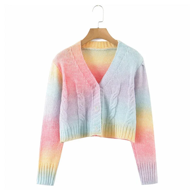 Versatile gradient V-neck short long sleeve wool sweater coat  7186 Solid Print Embellished