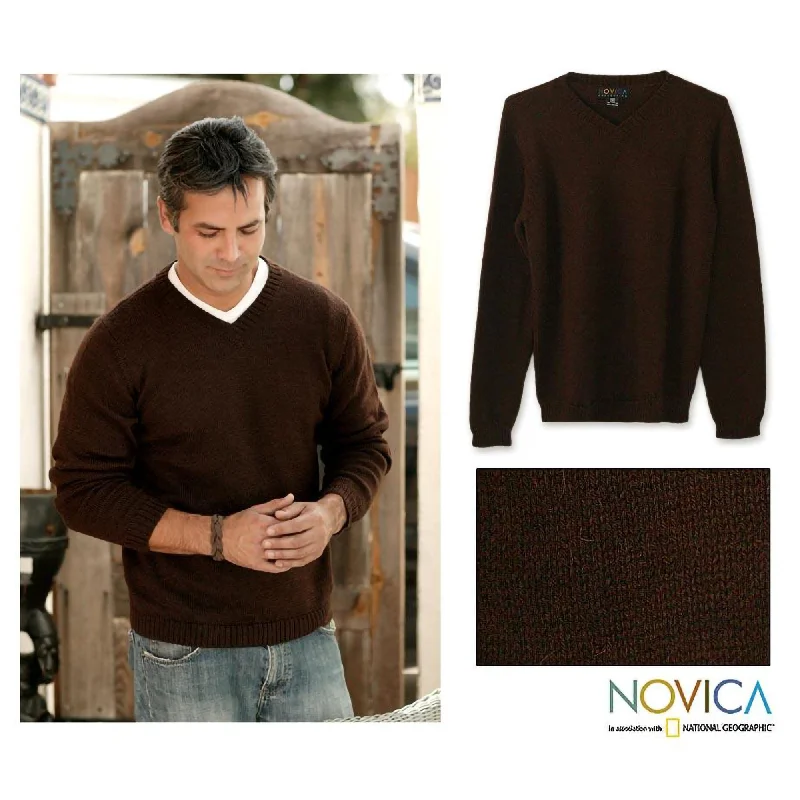 Favorite Memories Men's Brown Alpaca Sweater Glossy Satin Silk