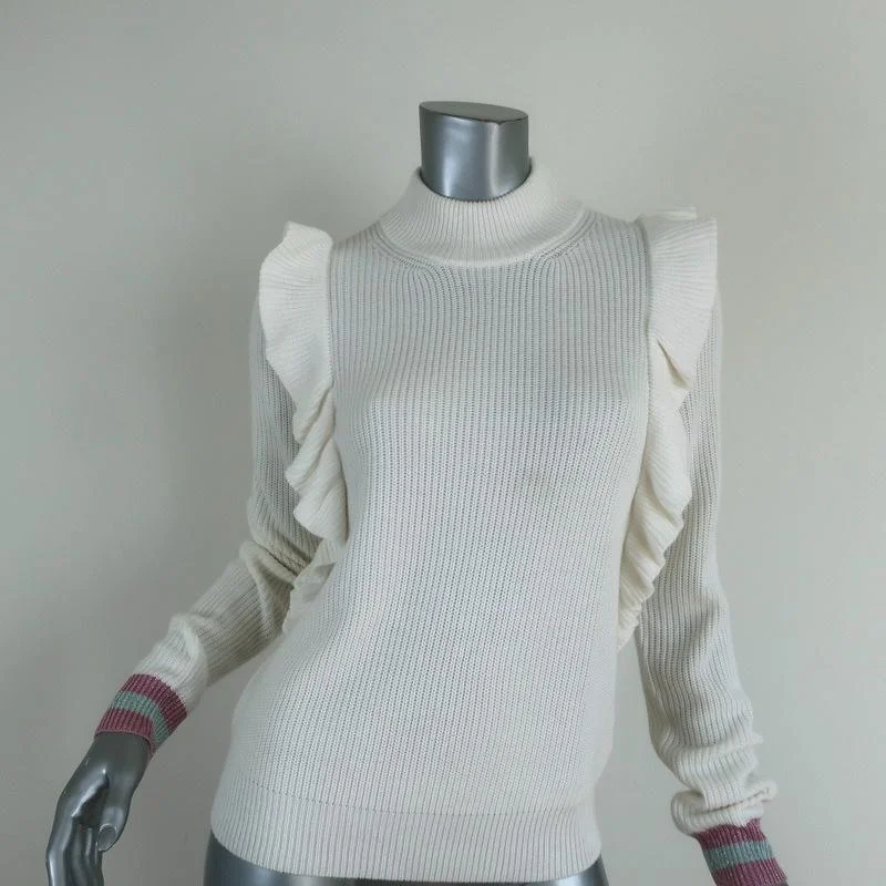 Splendid x Margherita Mock Neck Sweater Amico White Ruffled Knit Size Small Fitted Slim Tailored