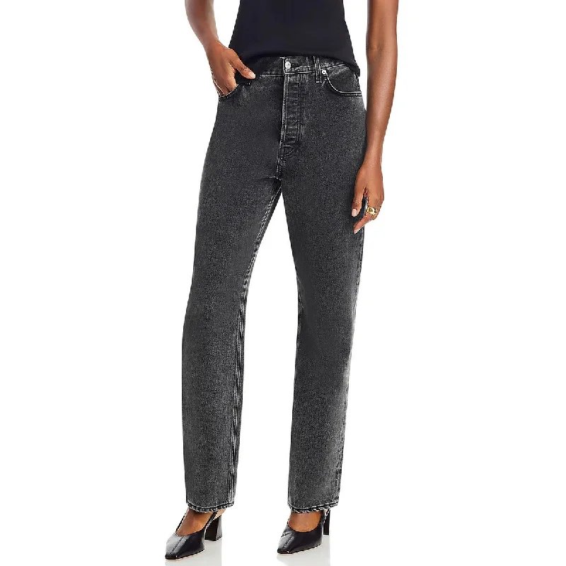 Womens Cotton High Rise Straight Leg Jeans Chic Rolled Cuff Denim Jeans