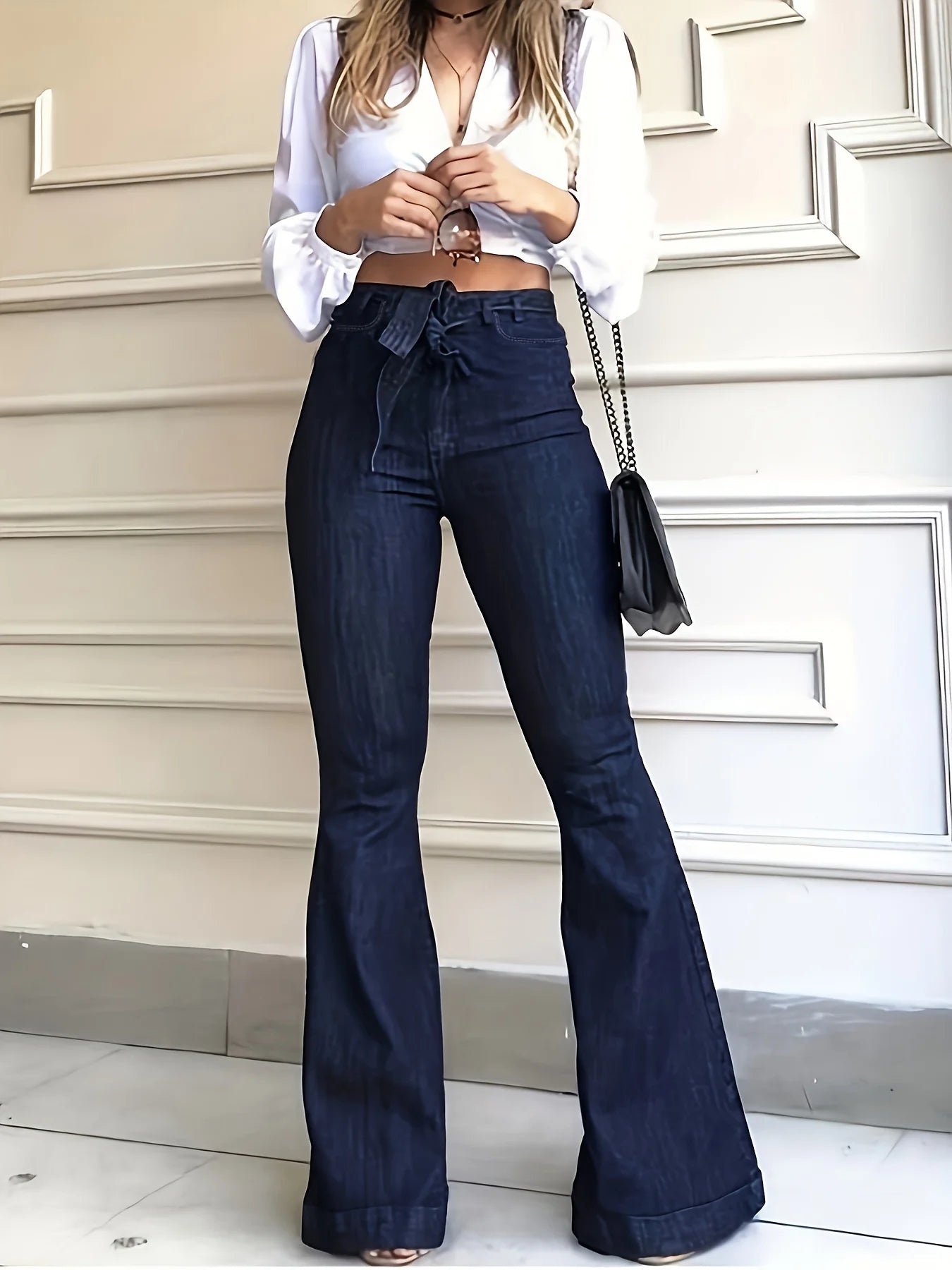 Navy Blue Flared Jeans Autumn, High-Stretch With Waistband Bell Bottom Wide Legs Elegant Wide-Leg Jeans