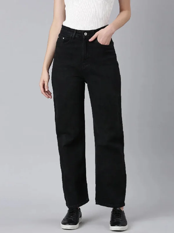 Women Black Solid Straight Fit Denim Jeans-GZ-5493-Black Casual Distressed Denim Jeans