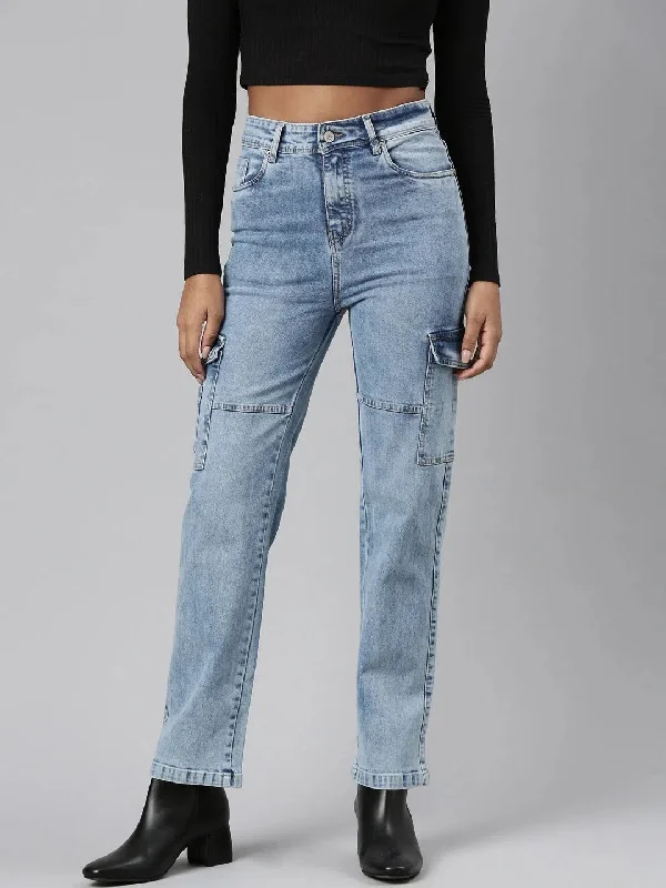Women Blue Denim Cargo Jeans-LT-10543-Blue Fashionable Relaxed Fit Denim