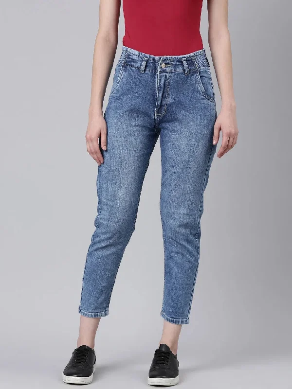 Women Blue Solid Mom Fit Denim Jeans-GZ-5491-1-Blue Stylish High-Waist Jeans