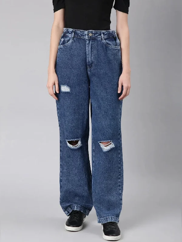 Women Blue Solid Wide Leg Denim Jeans-IM-10883-Blue Chic Dark-Wash Skinny Jeans