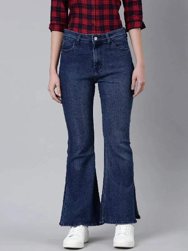 Women Navy Blue Solid Bootcut Denim Jeans-GZ-5719-1-Navyblue Casual Loose Fit Jeans