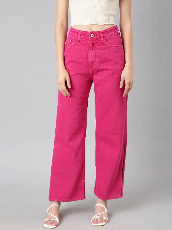 Women Pink Solid Wide Leg Denim Jeans-GZ-5595-Pink Classic Black Denim Jeans