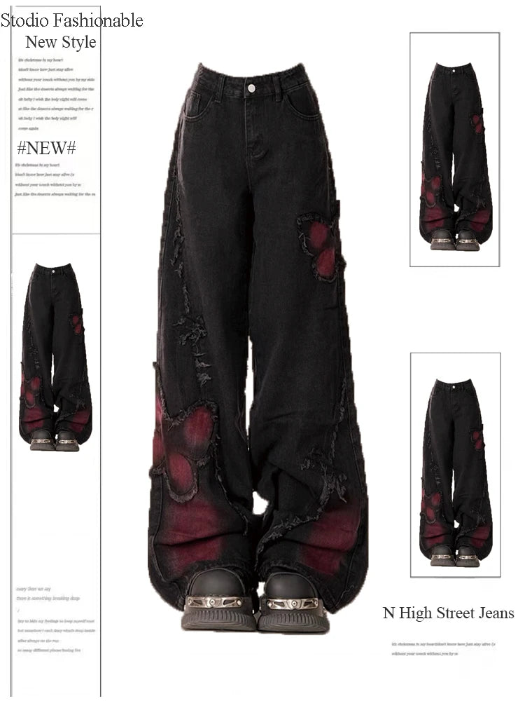 Women's Black Gothic Baggy Jeans Harajuku Y2k Aesthetic Butterfly Denim Trousers Comfortable Mid-Rise Jeans Women's Black Gothic Baggy Jeans Harajuku Y2k Aesthetic Butterfly Denim Trousers Comfortable Mid-Rise Jeans