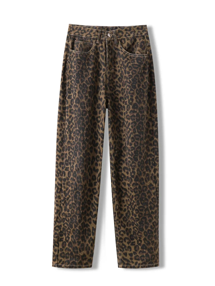 Y2K Leopard Print Jeans Women High Waisted Korean Style Wide Leg Denim Trousers Fashionable Raw Hem Bootcut Jeans Y2K Leopard Print Jeans Women High Waisted Korean Style Wide Leg Denim Trousers Fashionable Raw Hem Bootcut Jeans