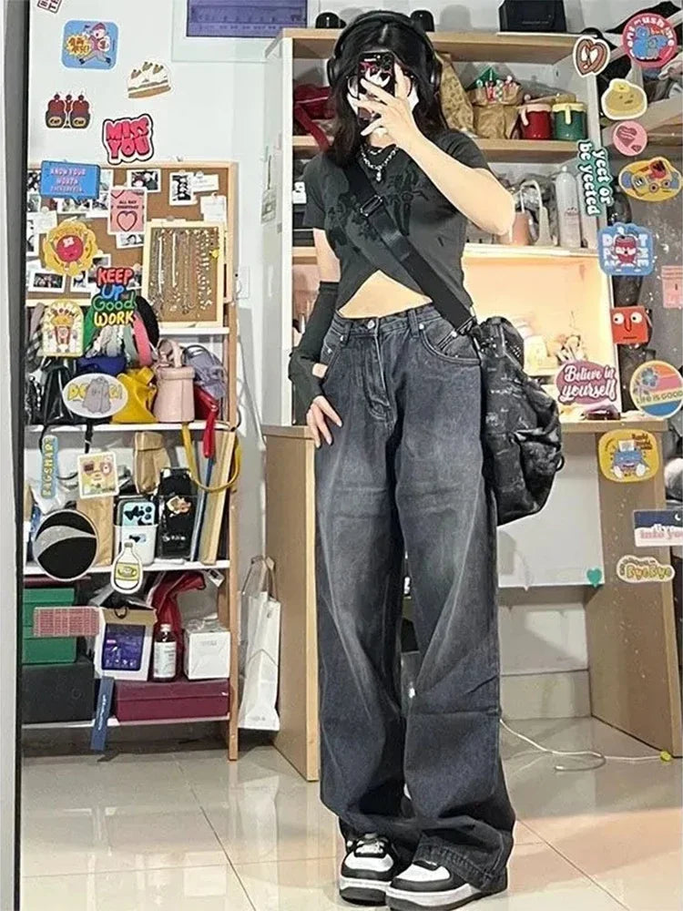 Y2k Street Jeans Women Vintage Blue High Waist Female Straight Leg Pants Stylish Plus Size Denim Jeans Y2k Street Jeans Women Vintage Blue High Waist Female Straight Leg Pants Stylish Plus Size Denim Jeans