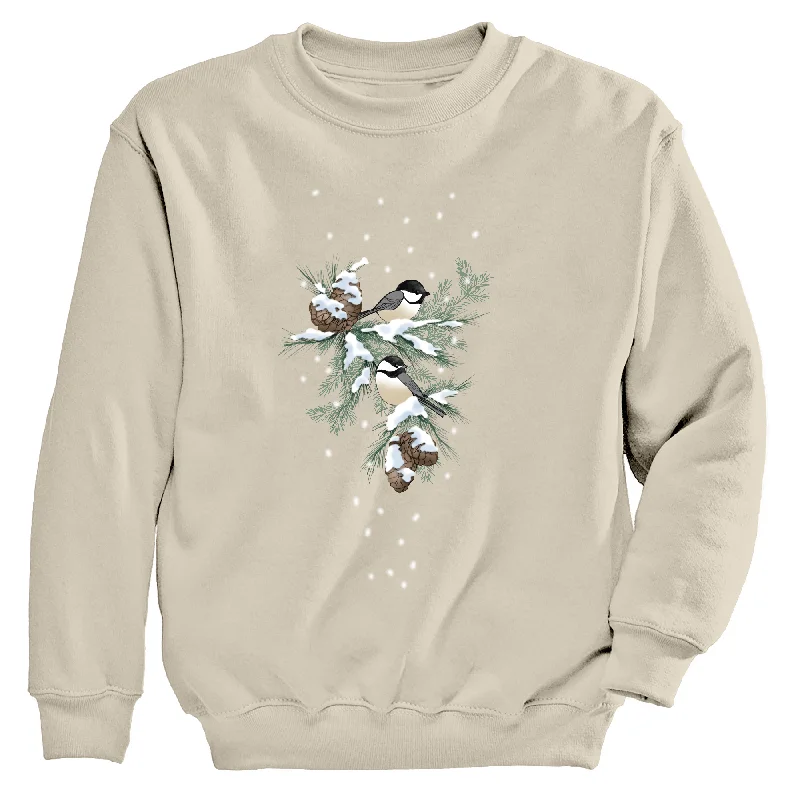 Chickadees And Pinecones Women's Crew Neck Sweatshirt Hoodie with Hem Fringe Bohemian Relaxed Chickadees And Pinecones Women's Crew Neck Sweatshirt Hoodie with Hem Fringe Bohemian Relaxed
