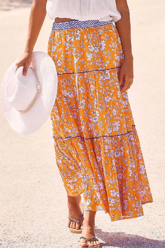 Becks Block Print Skirt | Japanese Flower Orange/Cobalt elastic waist skirt