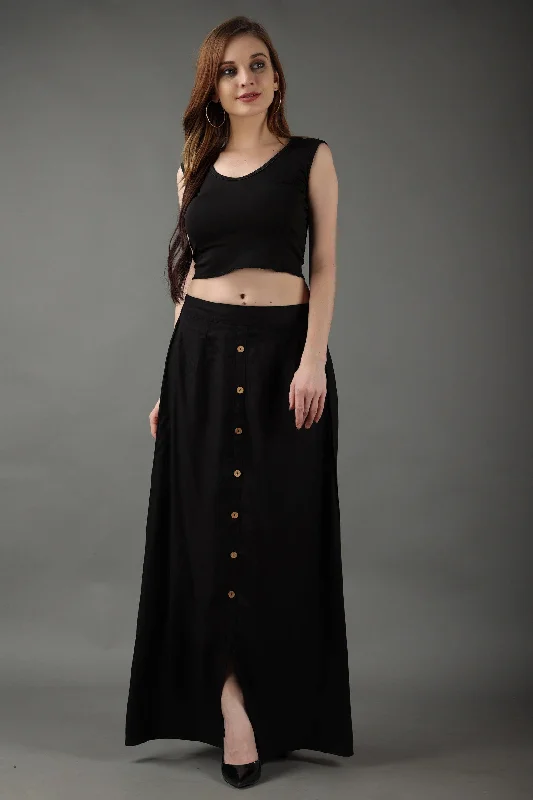 Black Solid Skirt with Buttons corduroy skirt comfortable