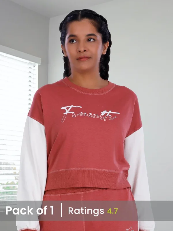 Brick Red Printed Crop Sweatshirt Hoodie with Raglan Sleeves Sporty Comfortable