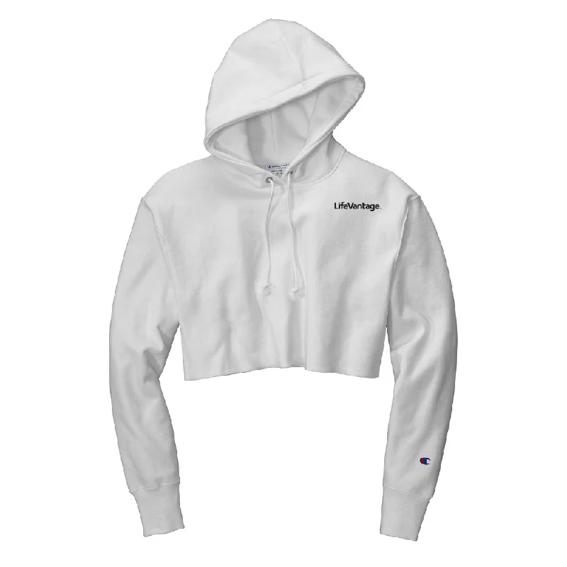 Champion Women's Reverse Weave Cropped Cut-Off Hooded Sweatshirt Hoodie with Hem Raw Edge Edgy Unfinished Champion Women's Reverse Weave Cropped Cut-Off Hooded Sweatshirt Hoodie with Hem Raw Edge Edgy Unfinished
