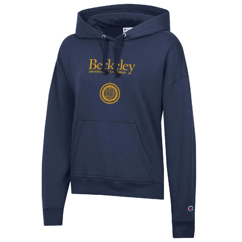 U.C. Berkeley stacked word mark over the school seal women's Champion fleece hoodie-Navy Hoodie with Distressed Vintage Worn U.C. Berkeley stacked word mark over the school seal women's Champion fleece hoodie-Navy Hoodie with Distressed Vintage Worn