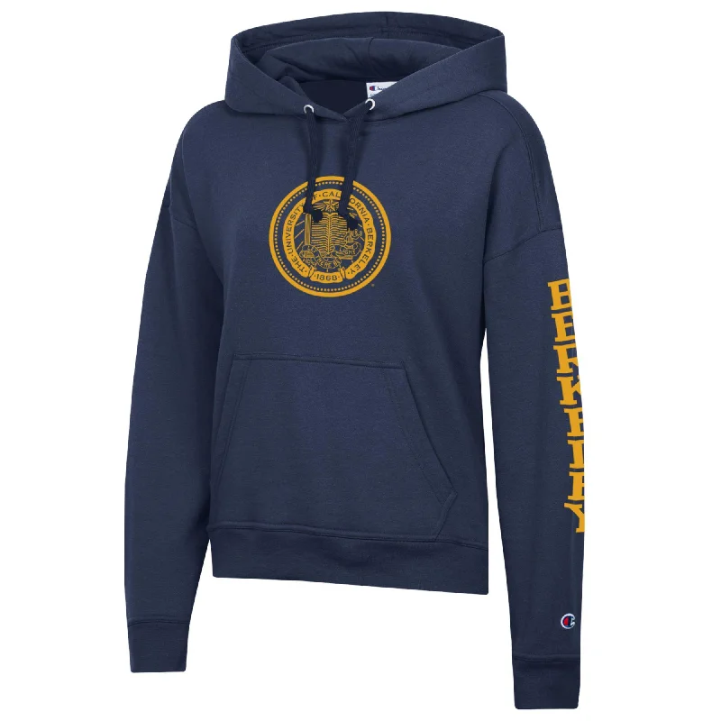 U.C. Berkeley Cal Champion women's hoodie sweatshirt-Navy Hoodie with Hem Patch Decorative Personalized U.C. Berkeley Cal Champion women's hoodie sweatshirt-Navy Hoodie with Hem Patch Decorative Personalized