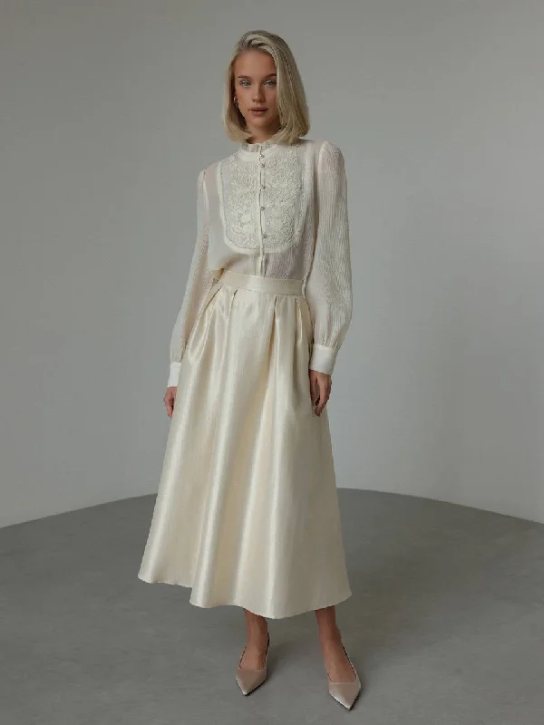 Cream Satin Midi Skirt low waist skirt