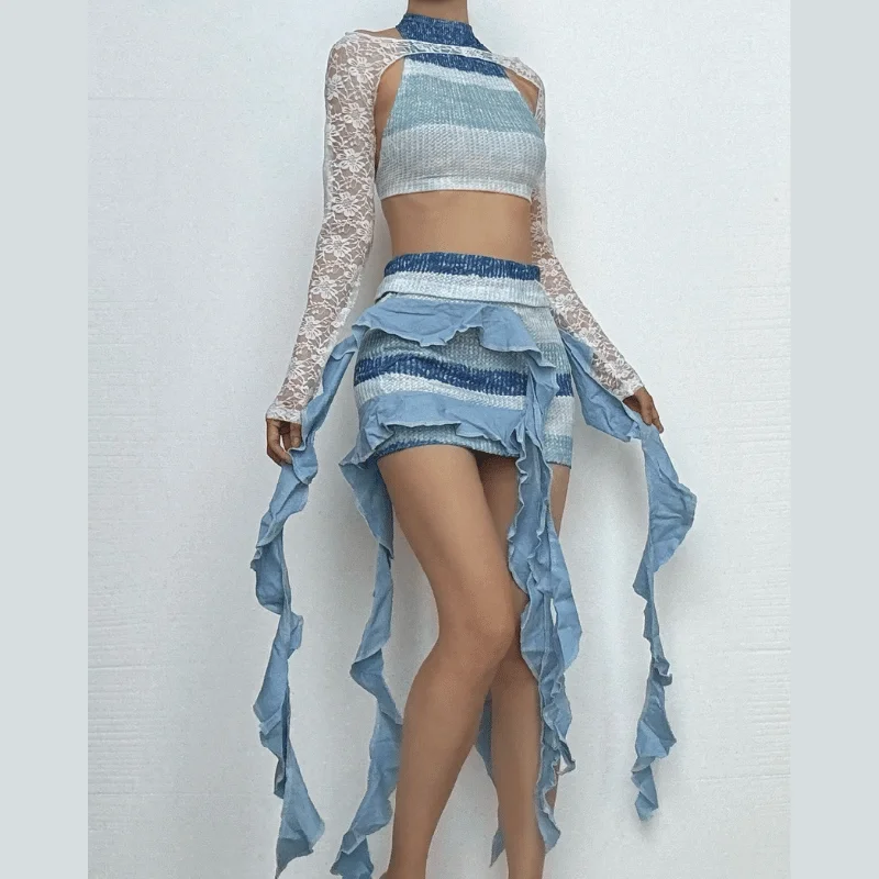Crewneck long sleeve lace 3 piece striped print mini skirt set high slit skirt