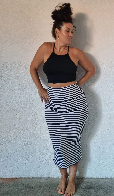 Favell Midi Skirt in Black and White Stripe denim skirt casual