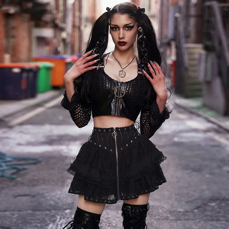 Gothic Vintage High Waist Zipper Front Japanese Kawaii Black Cosplay Skirt corduroy skirt textured