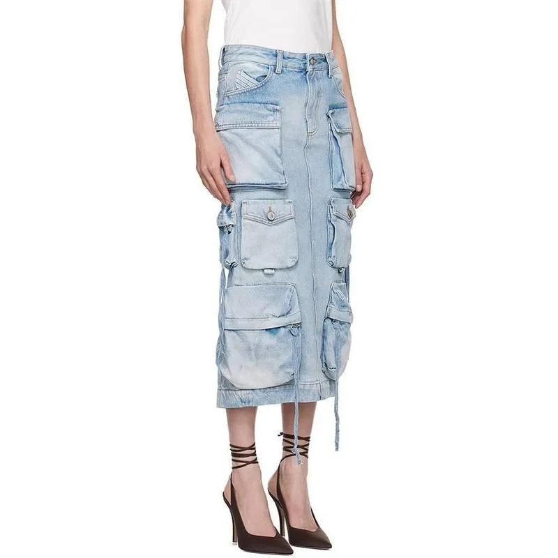 High Waist Denim Skirt with Distressed Detail and Ribbon Slit wool skirt thick
