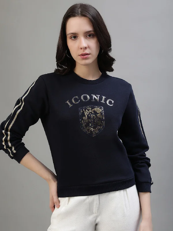 Iconic Women Blue Printed Round Neck Sweatshirt Hoodie with Thumb Holes Functional Cozy Iconic Women Blue Printed Round Neck Sweatshirt Hoodie with Thumb Holes Functional Cozy