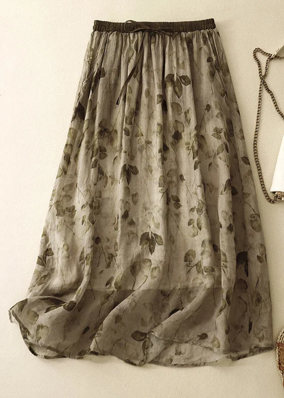 Loose Print Lace Up Pockets Linen Skirts Summer high waist skirt