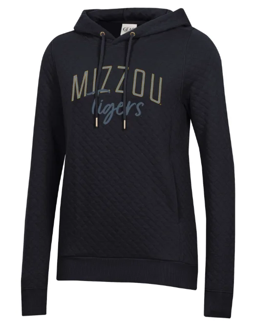 Mizzou Tigers GEAR for Sports Women's Relaxed Quilted Black Hooded Sweatshirt Hoodie with Bell Sleeves Flared Feminine
