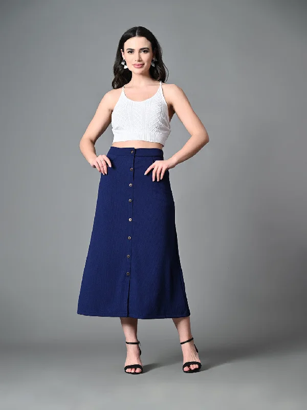Myshka Women's Solid Ribbed A-Line Embellished Casual Skirt in Navy Blue Color leather skirt sleek