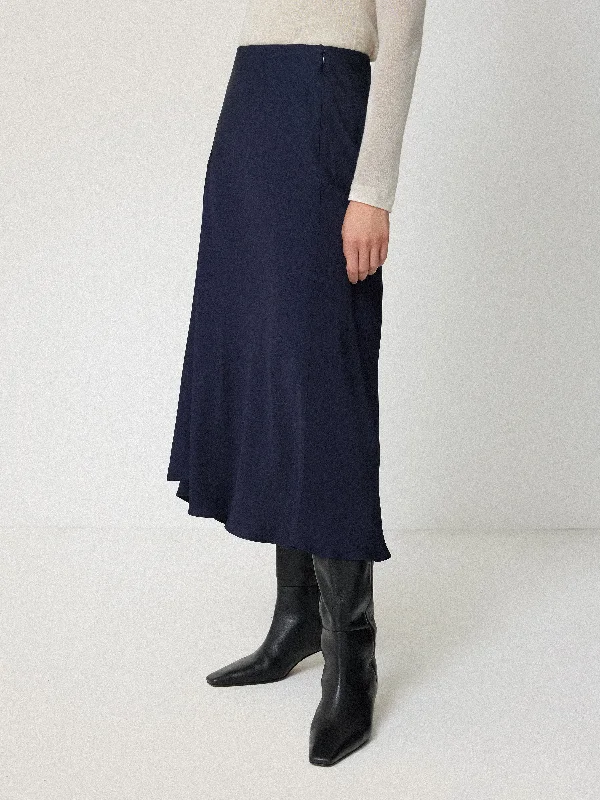 Satin Bias Asymmetric Skirt | Navy wool skirt warm