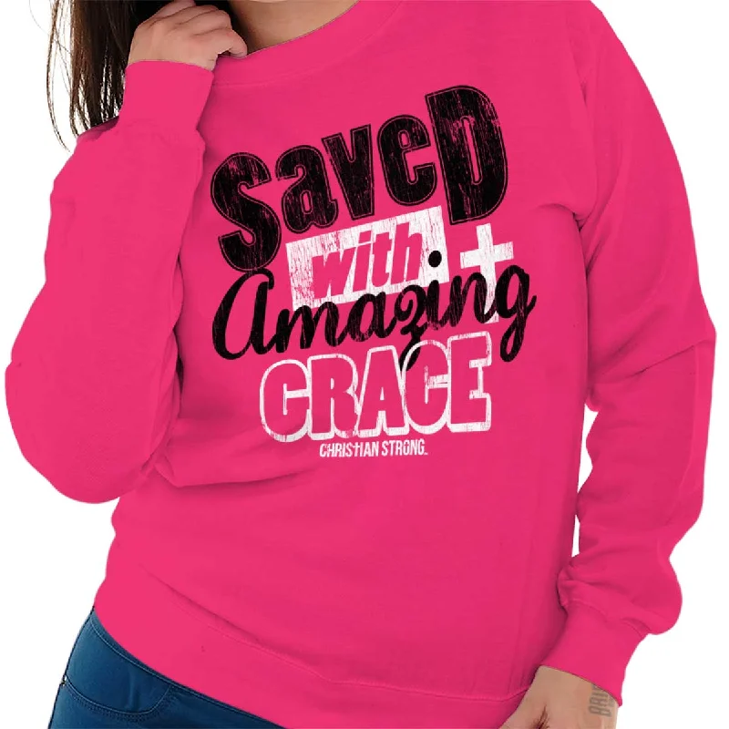 Saved With Amazing G Crewneck Sweatshirt Hoodie with Cuffed Sleeves Snug Secure