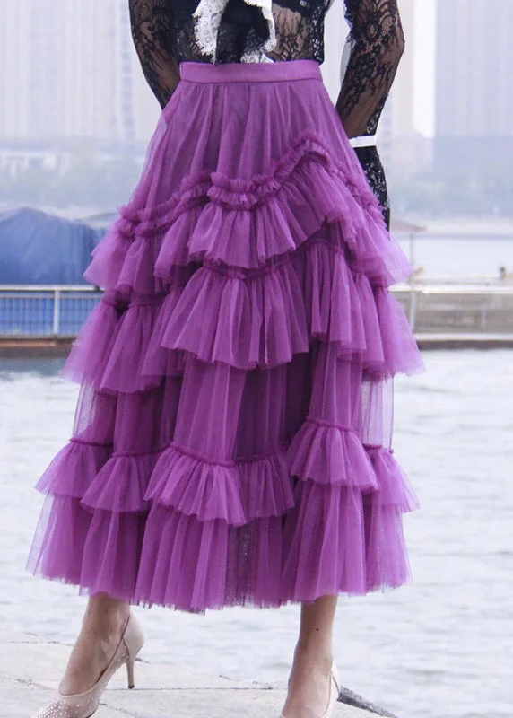 Stylish Purple Ruffled Patchwork tulle Skirts Spring silk skirt lustrous