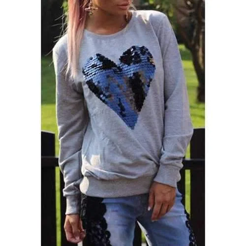 Elegant Jewel Neck Sequined Sweatshirt For Women - Gray Xl Hoodie with Button Classic Timeless