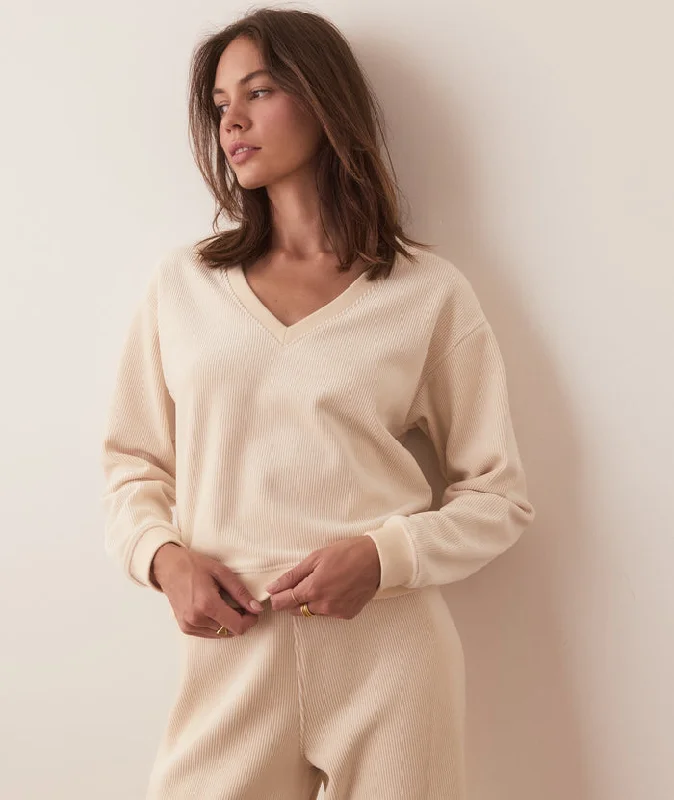 Marine Layer Velour Corduroy V-Neck Sweatshirt Cream Hoodie with Mesh Breathable Sporty