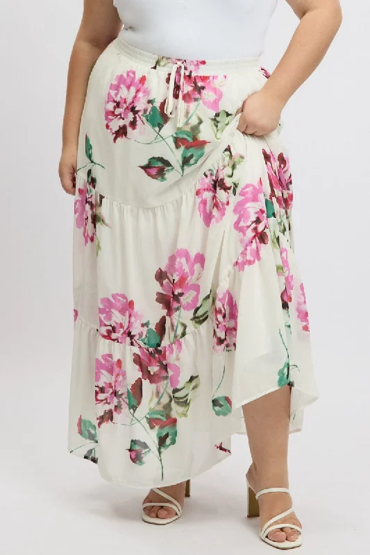 White Floral Elastic Waist Tiered Chiffon Maxiskirt vintage skirt charm