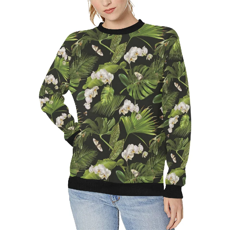 White orchid flower tropical leaves pattern blackg Women's Crew Neck Sweatshirt Hoodie with Raglan Sleeves Sporty Comfortable White orchid flower tropical leaves pattern blackg Women's Crew Neck Sweatshirt Hoodie with Raglan Sleeves Sporty Comfortable