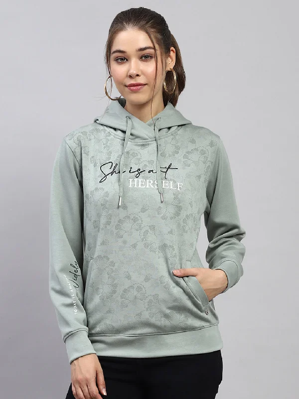 Women Green Printed Hooded Full Sleeve Sweatshirt Hoodie with Color Block Contrast Stylish