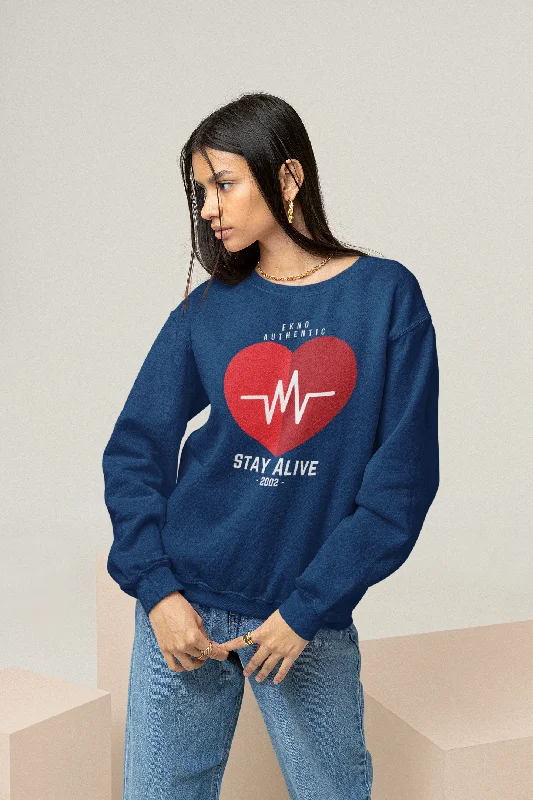 Women Navy Blue Sweatshirt Stay Alive Hoodie with Raglan Sleeves Sporty Comfortable