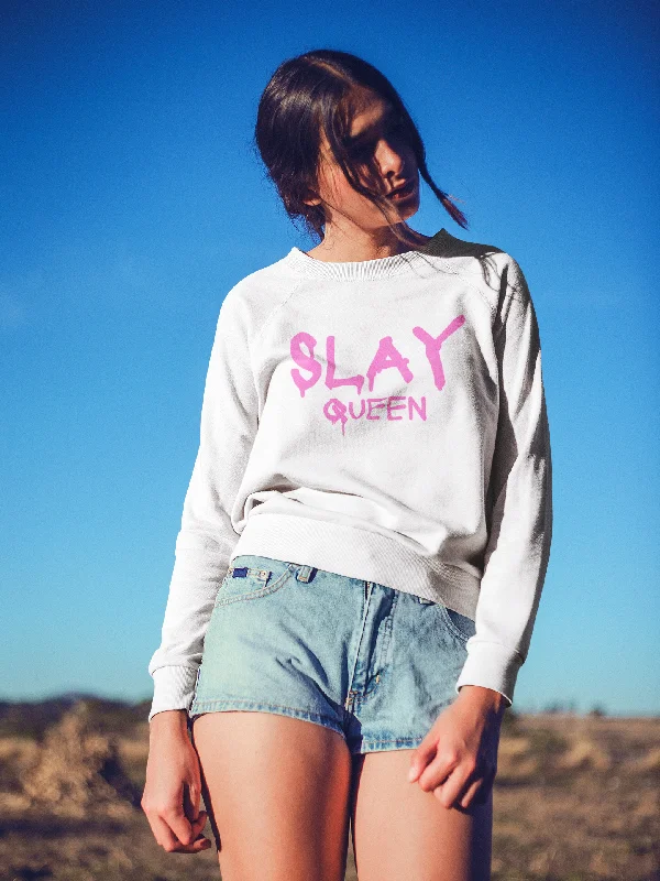 Women White Sweatshirt Slay Queen Hoodie with Hem Fringe Bohemian Relaxed