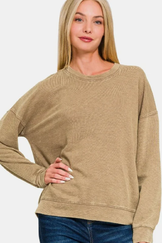 Zenana Washed Round Neck Dropped Shoulder Sweatshirt - Camel Hoodie with Ribbed Neckline Snug Warm Zenana Washed Round Neck Dropped Shoulder Sweatshirt - Camel Hoodie with Ribbed Neckline Snug Warm